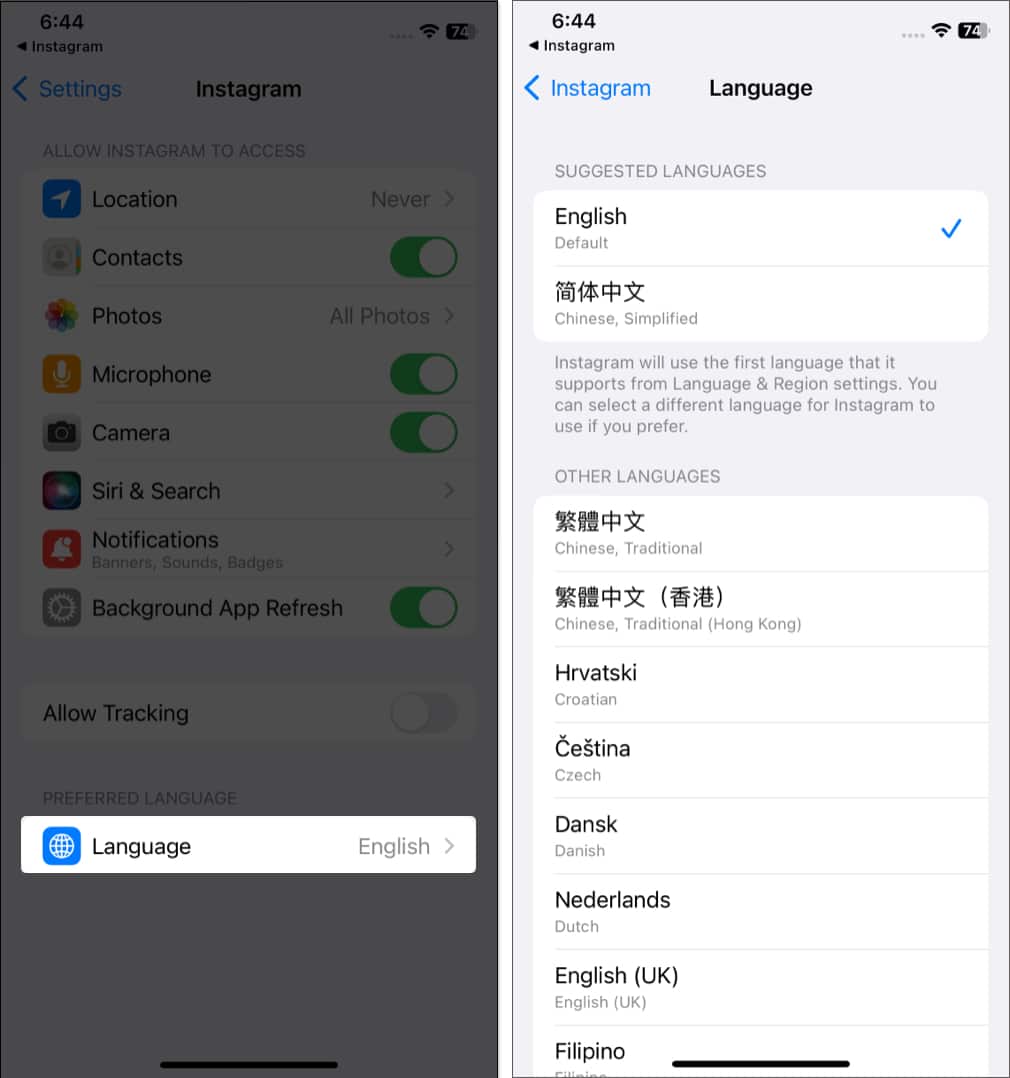 Tap language and select a language in settings