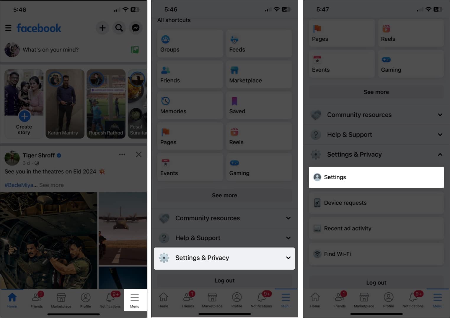 Tap menu settings and privacy settings in facebook app