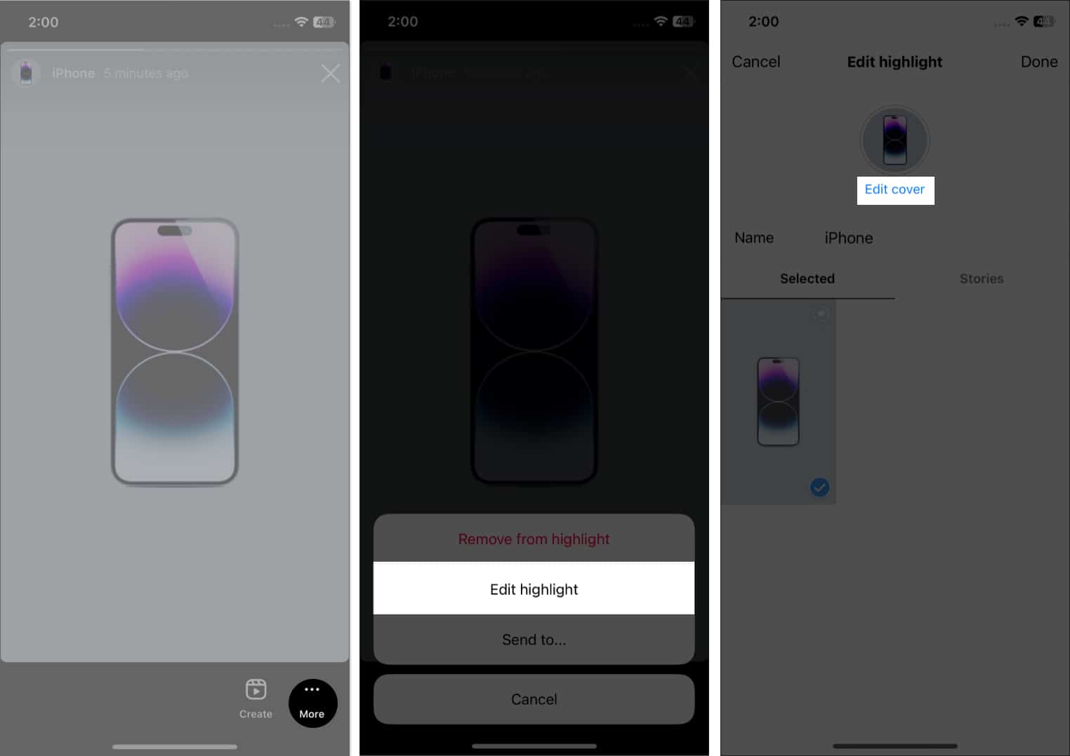 Tap more in story highlight, edit highlight, edit cover in instagram