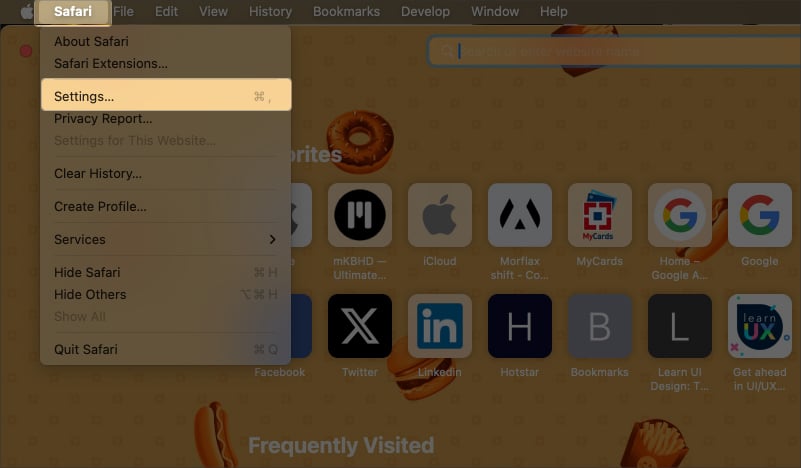 Tap on Safari in menu bar and select Settings