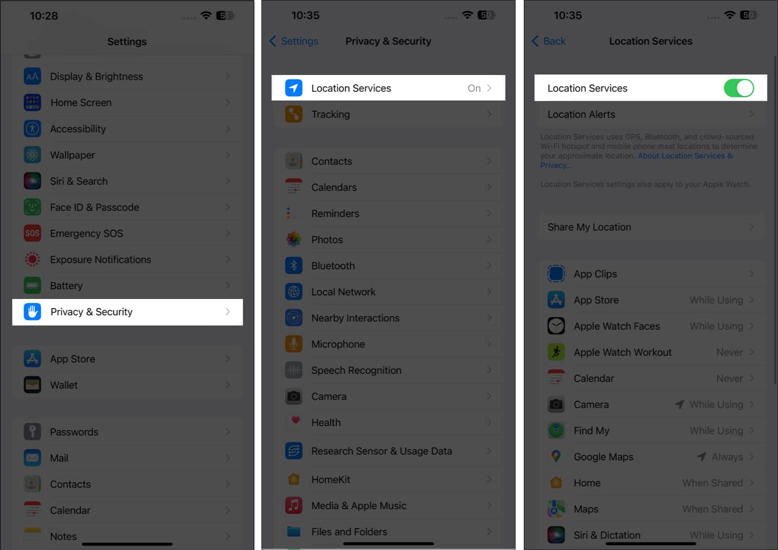 Tap privacy & security, location services, toggle off location services in settings app