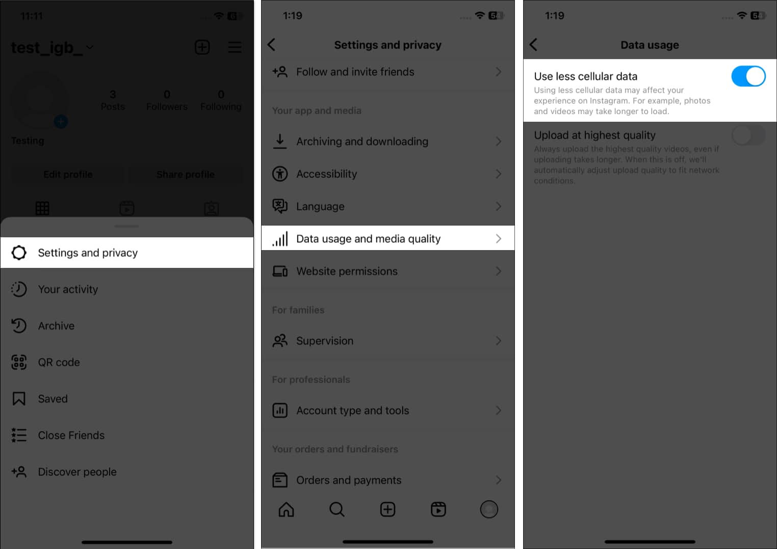 Tap settings and privacy Data usage and media quality Use less cellular data instagram