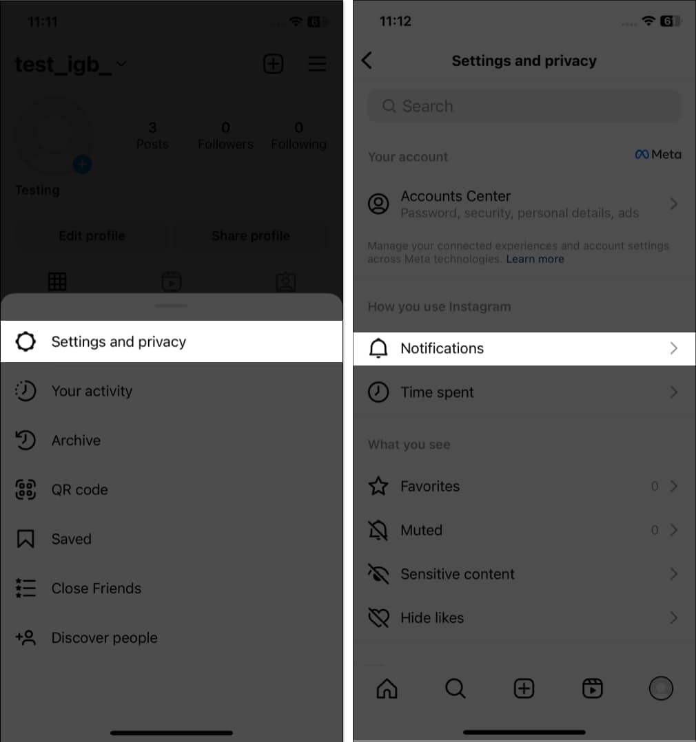 Tap settings and privacy Notification in instagram
