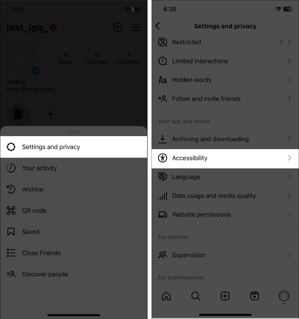 Tap settings and privacy, accessibility in instagram