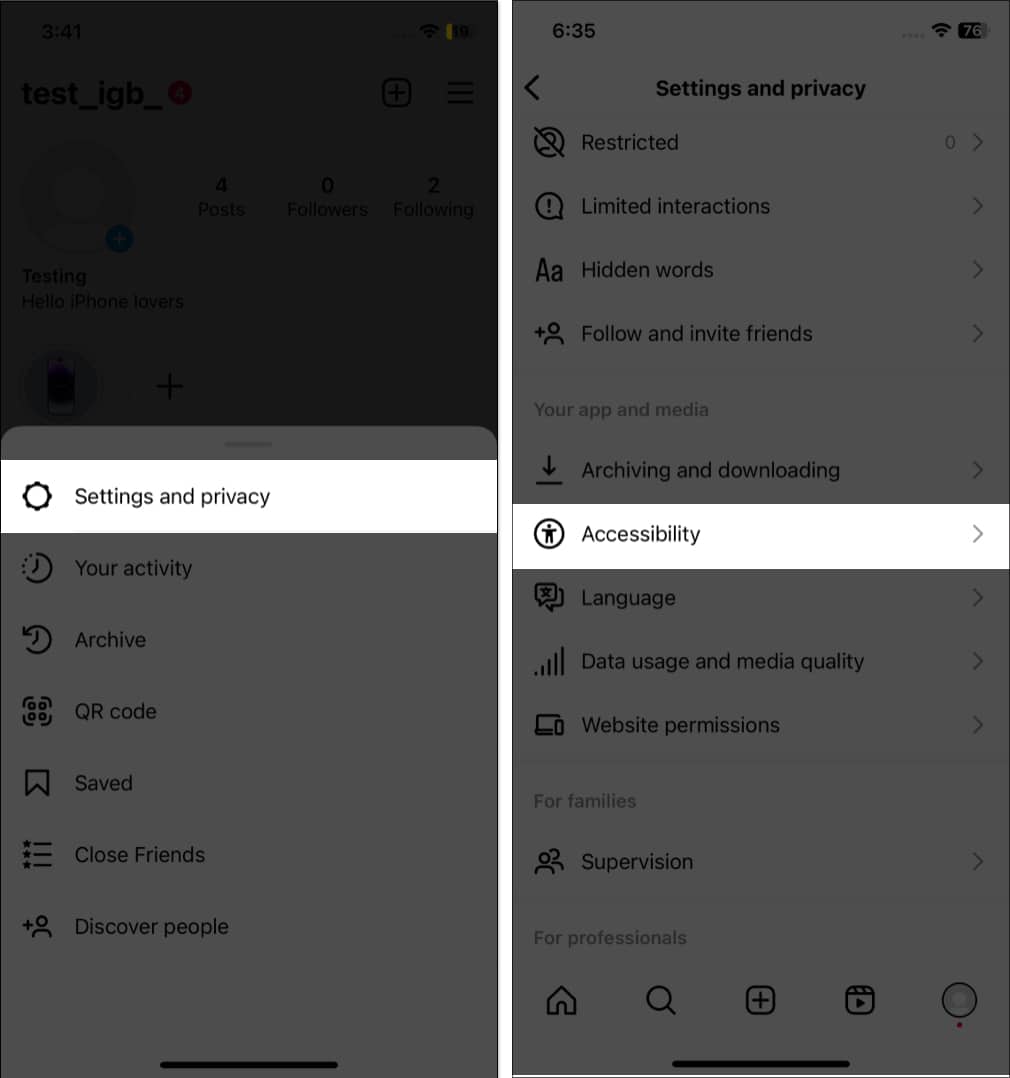 Tap settings and privacy accessibility in instagram