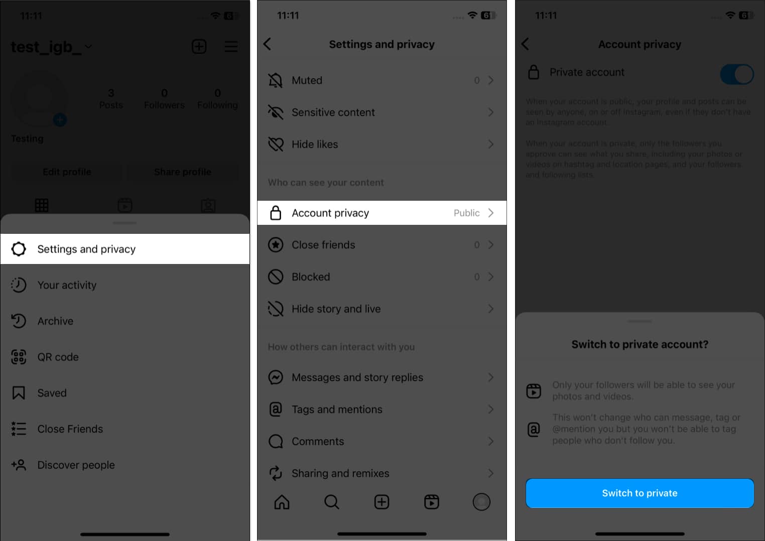 Tap settings and privacy, account privacy, switch to private in instagram