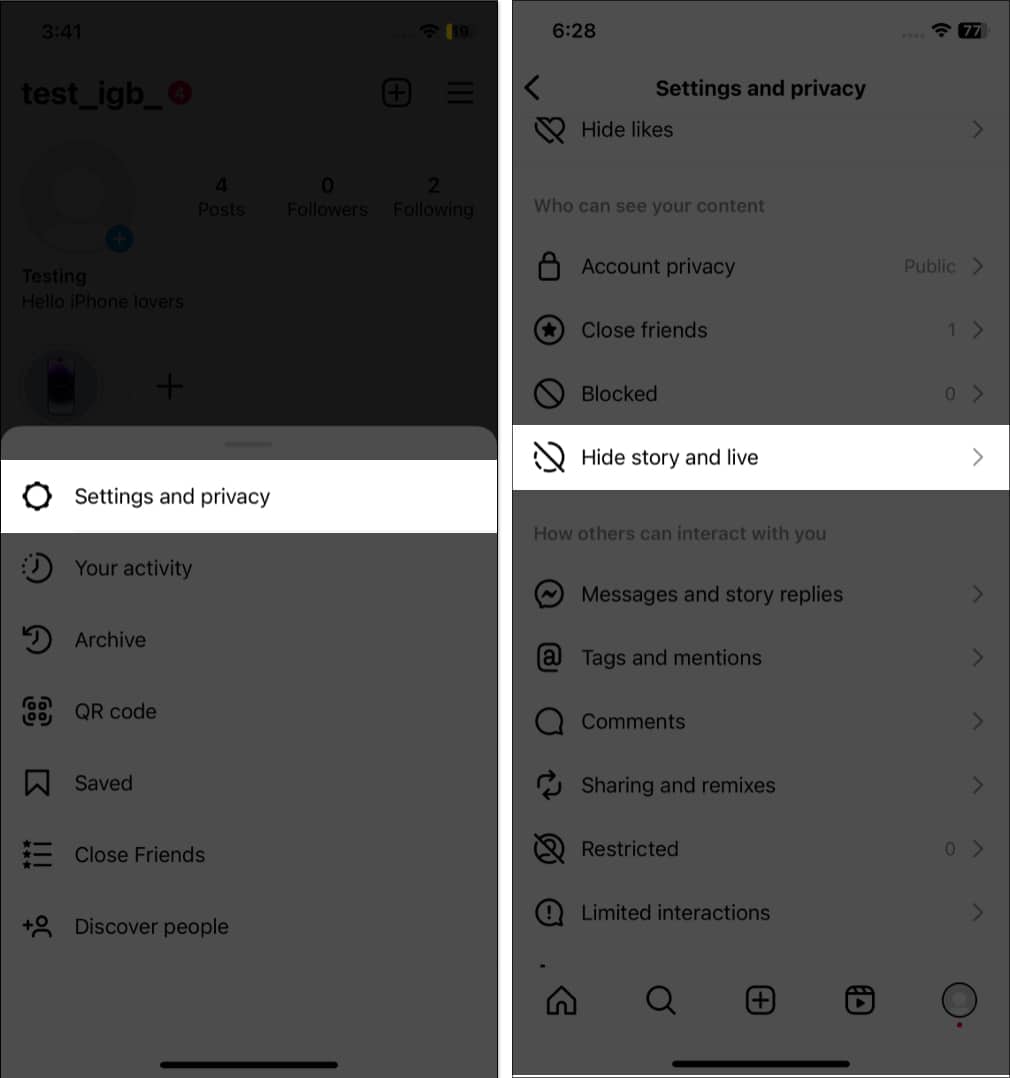 Tap settings and privacy, hide stories and likes in instagram
