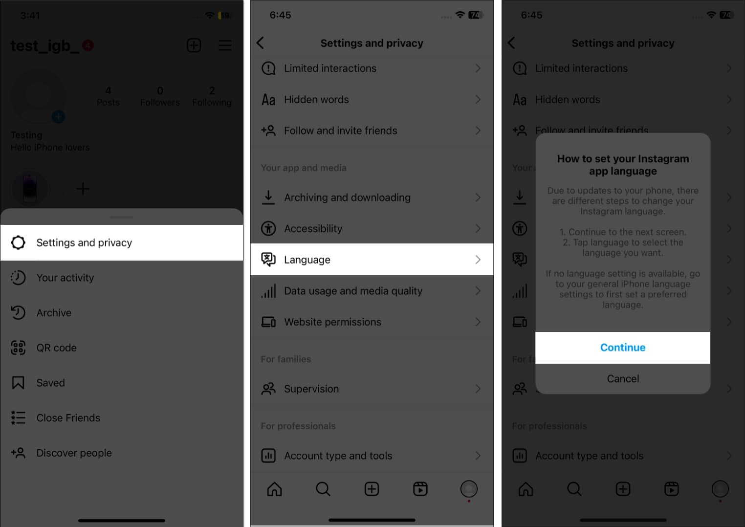 Tap settings and privacy language continue in instagram