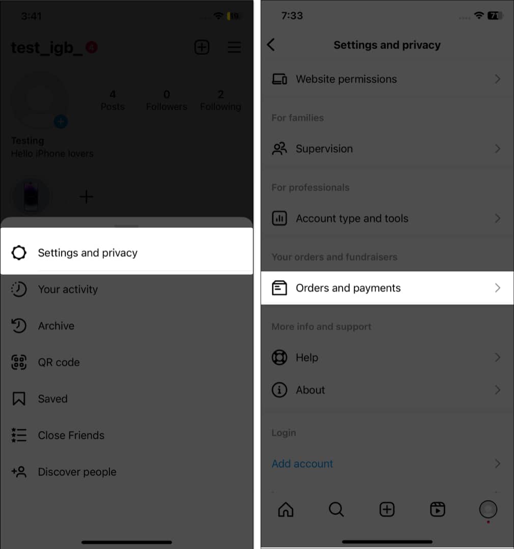 Tap settings and privacy orders and payments in instagram