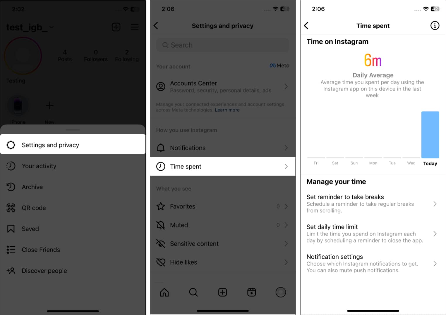 Tap settings and privacy, time spent in instagram