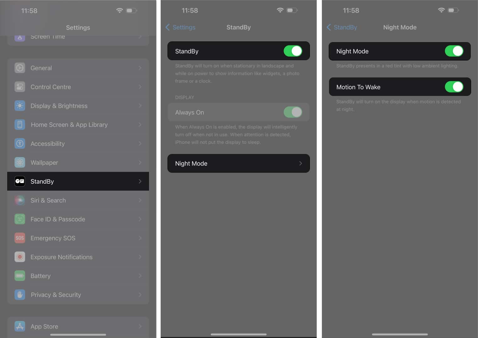 Tap stand by, toggle on stand by, tap night mode, toggle on night mode and motion to wake in settings