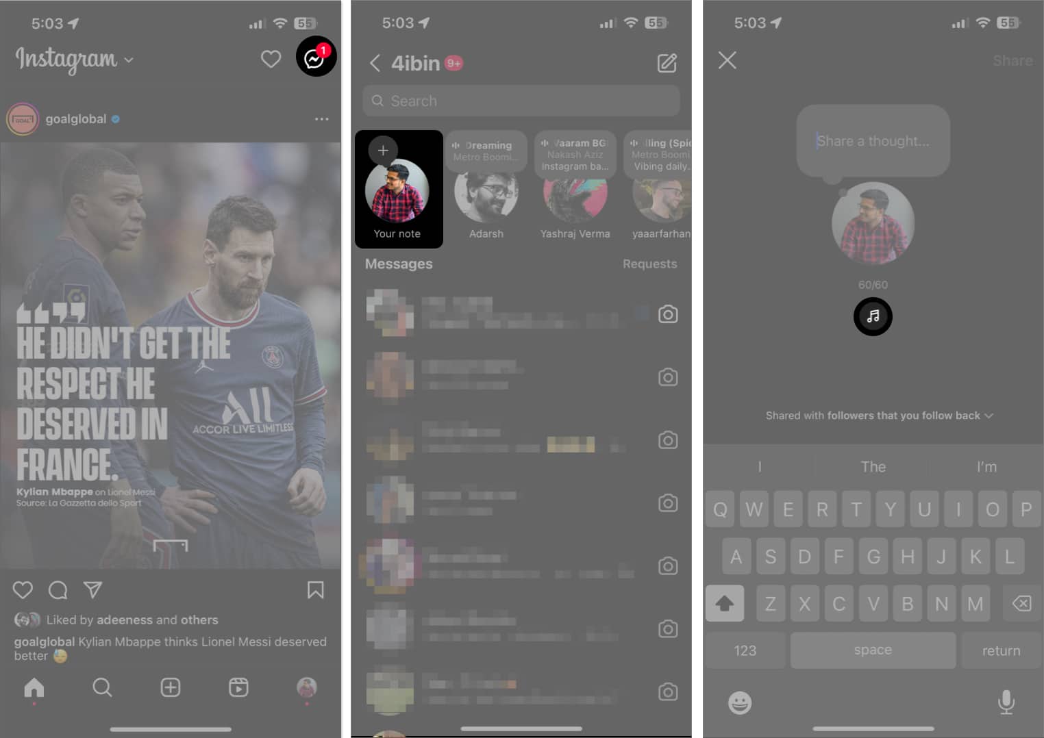 Tap the DM icon You Note Music icon on Instagram