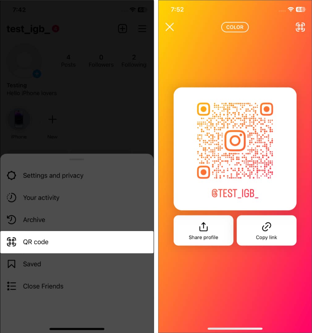 Tap the QR code option in instagram app