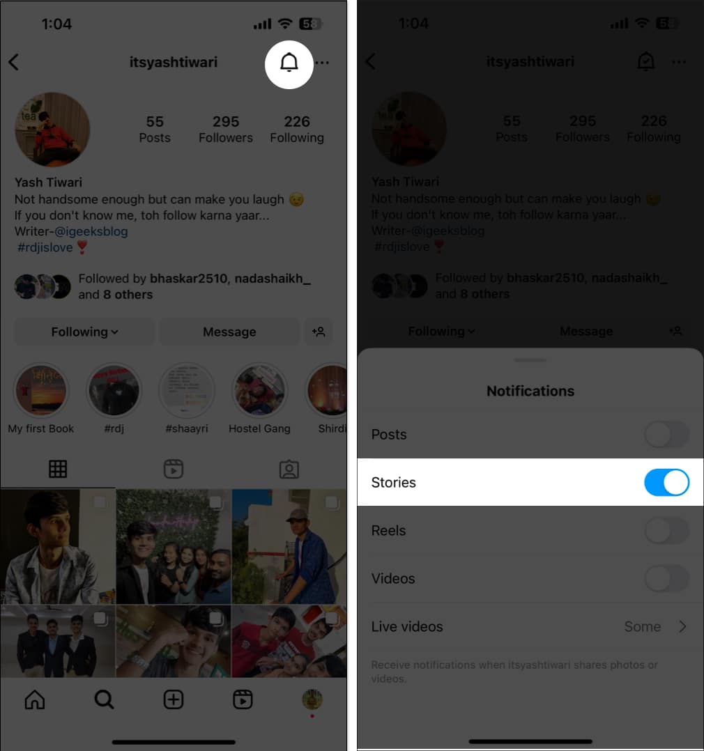 Tap the bell icon toggle on stories in instagram