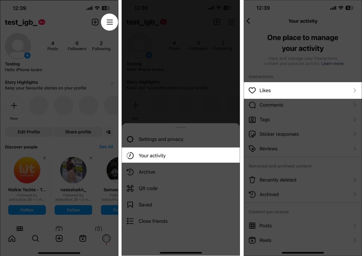 Tap the hamburger icon your activity likes on instagram