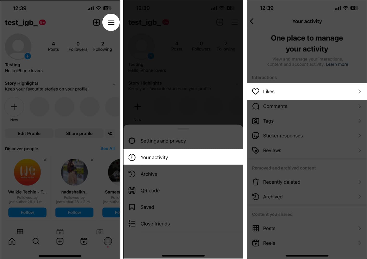 Tap the hamburger icon, your activity, likes on instagram