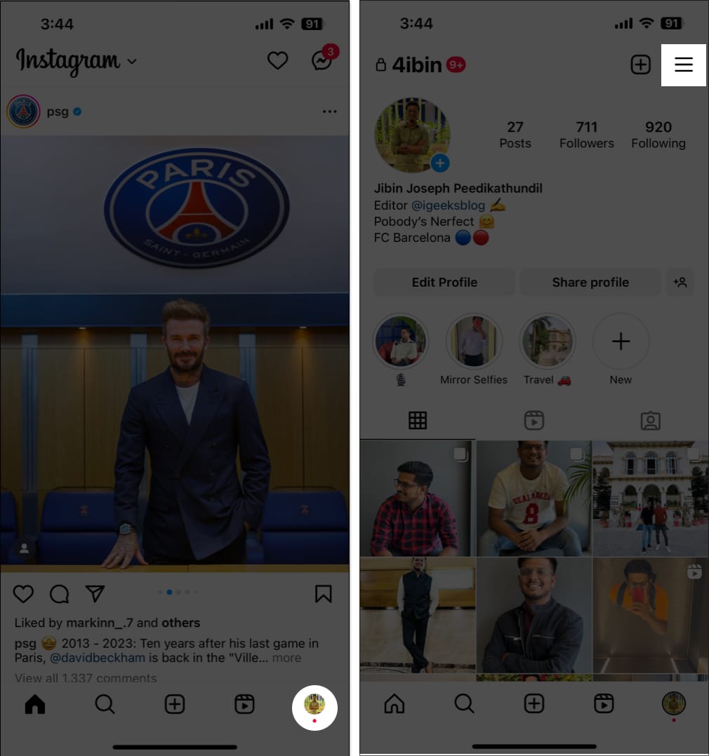 Tap the profile icon, hamburger icon in instagram