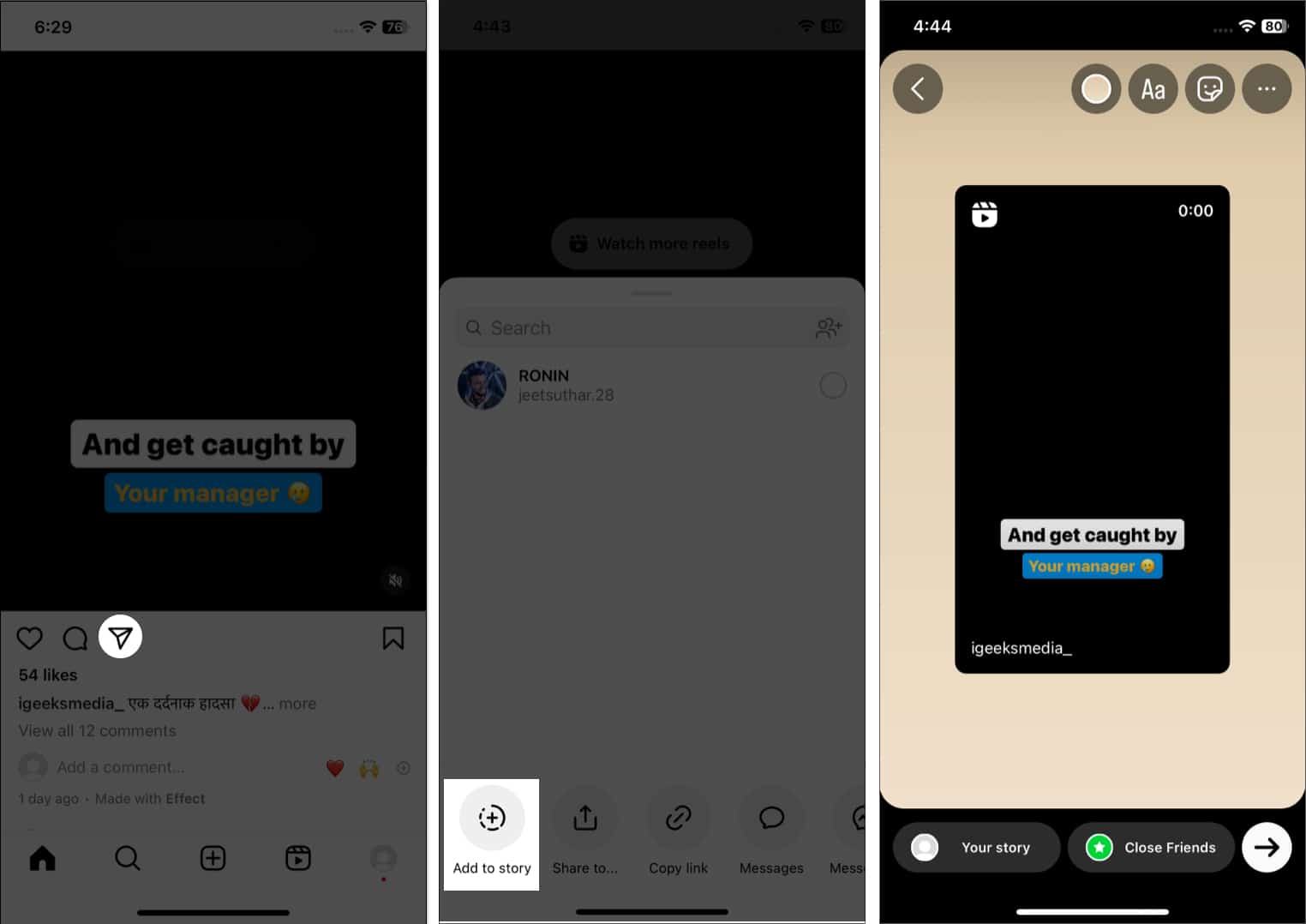 Tap the share icon below post tap add to story in instagram
