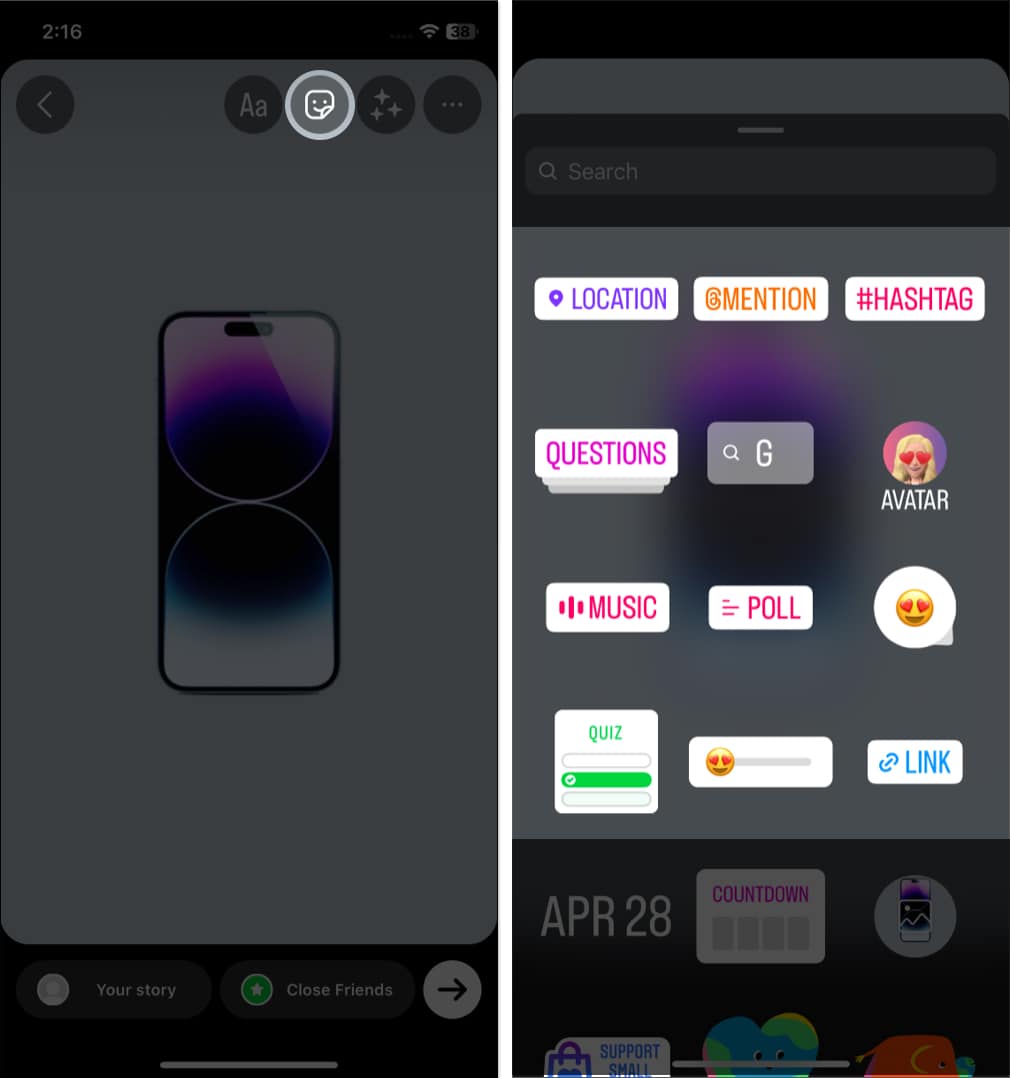 Tap the sticker icon select a sticker of your choice in instagram story