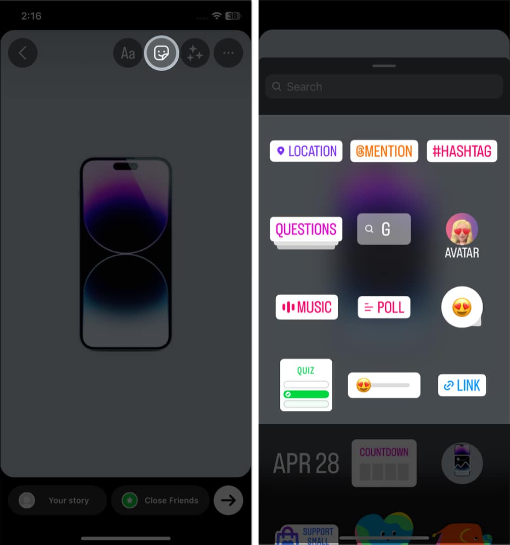 Tap the sticker icon, select a sticker of your choice in instagram story
