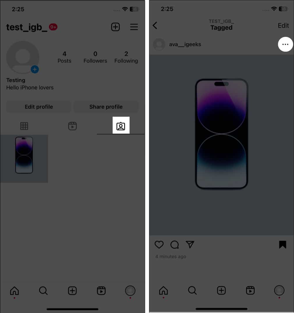 Tap the tagged icon select the post and tap three dot icon