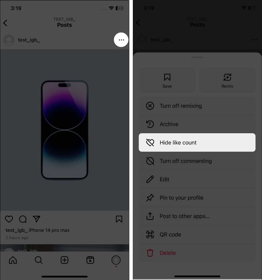 Tap the three-dot icon, hide like in instagram