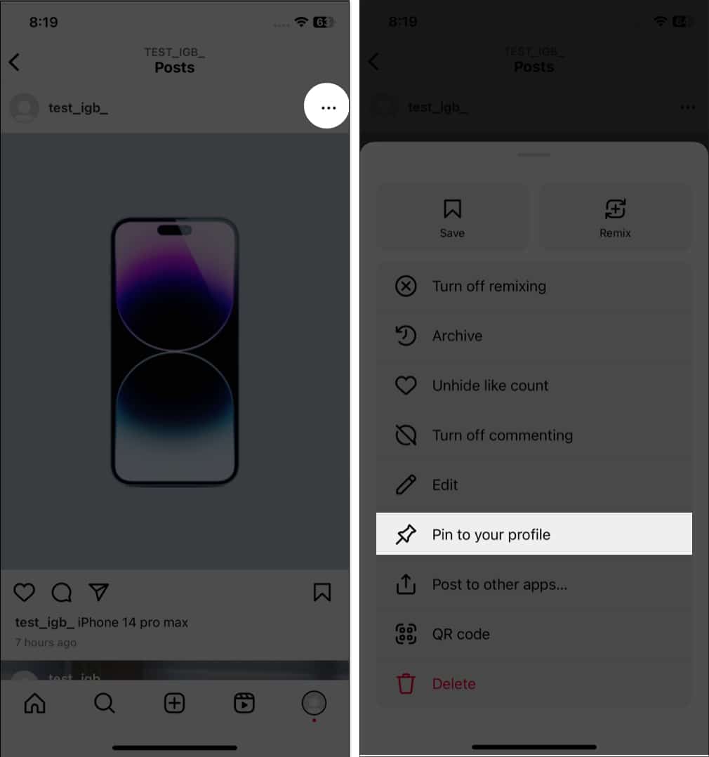 Tap the three-dot icon, pin to your profile in instagram