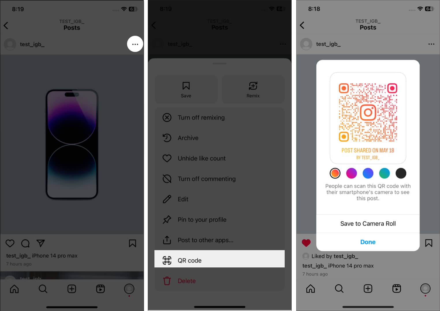 Tap the three dot icon select QR code in instagram