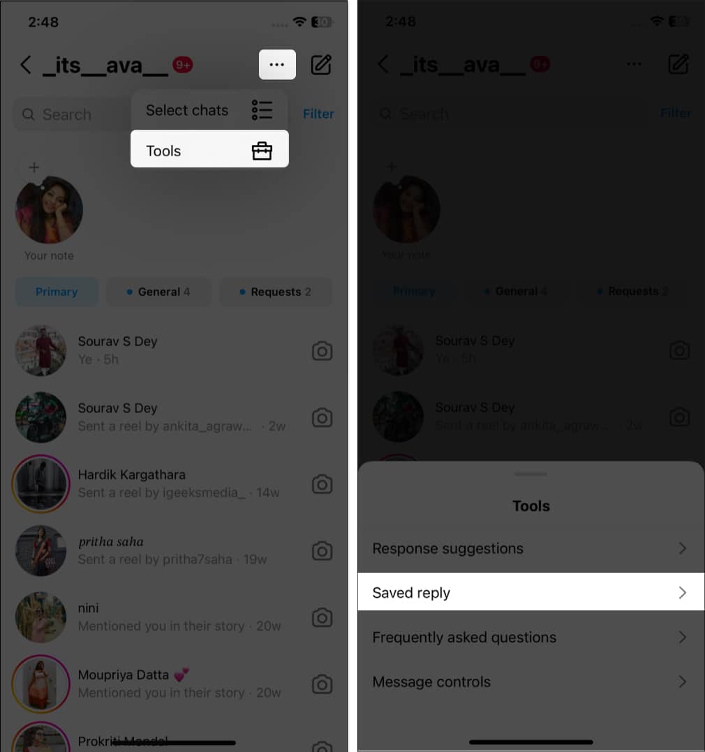 Tap the three dot icon tools saved reply on instagram