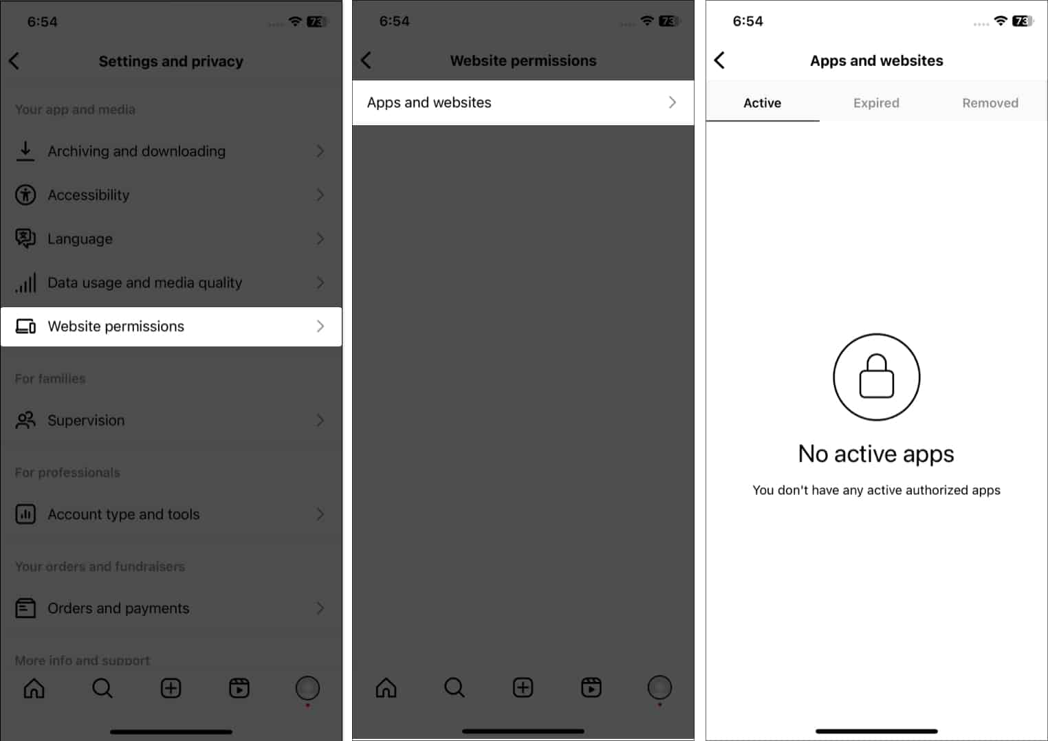 Tap website permissions apps and websites in integram