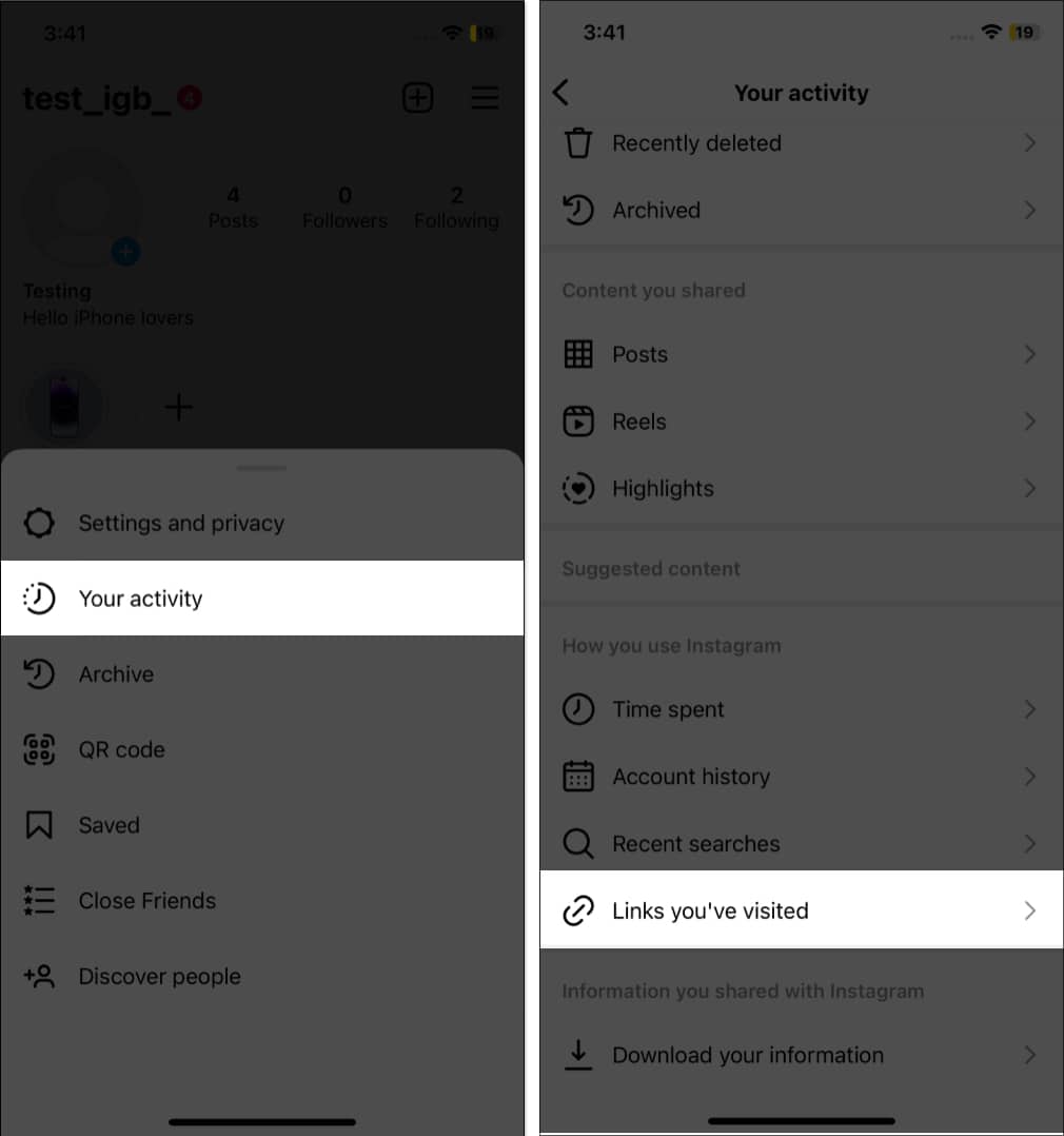 Tap your activity links you have visited in instagram