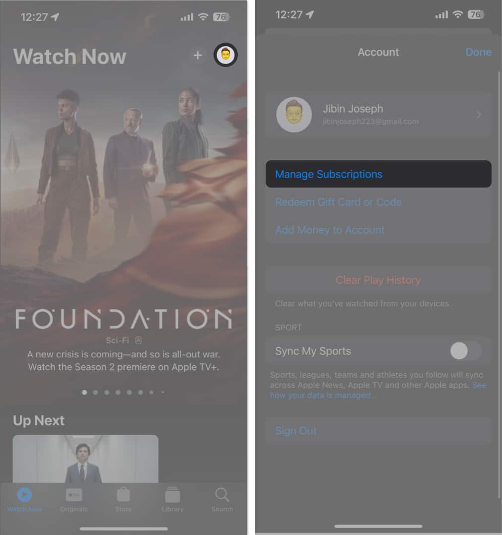 Tap your profile, manage subscriptions in Apple TV