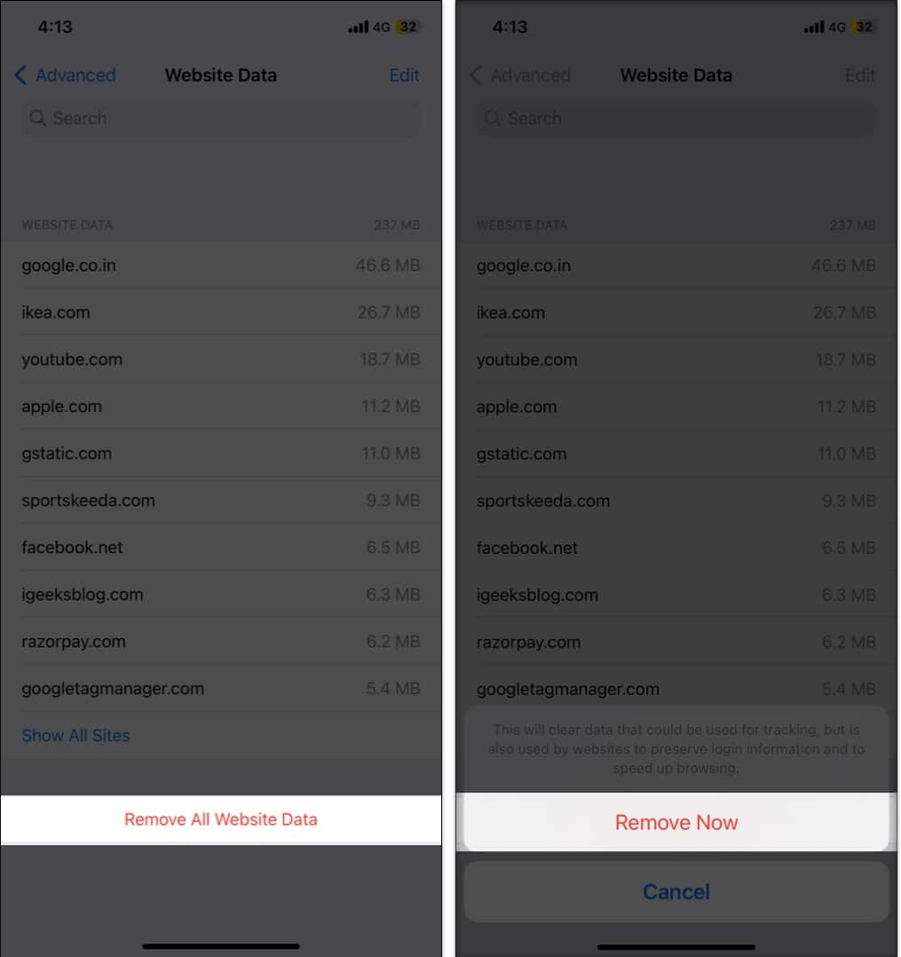 To remove data from all websites tap Remove All Website Data Remove Now