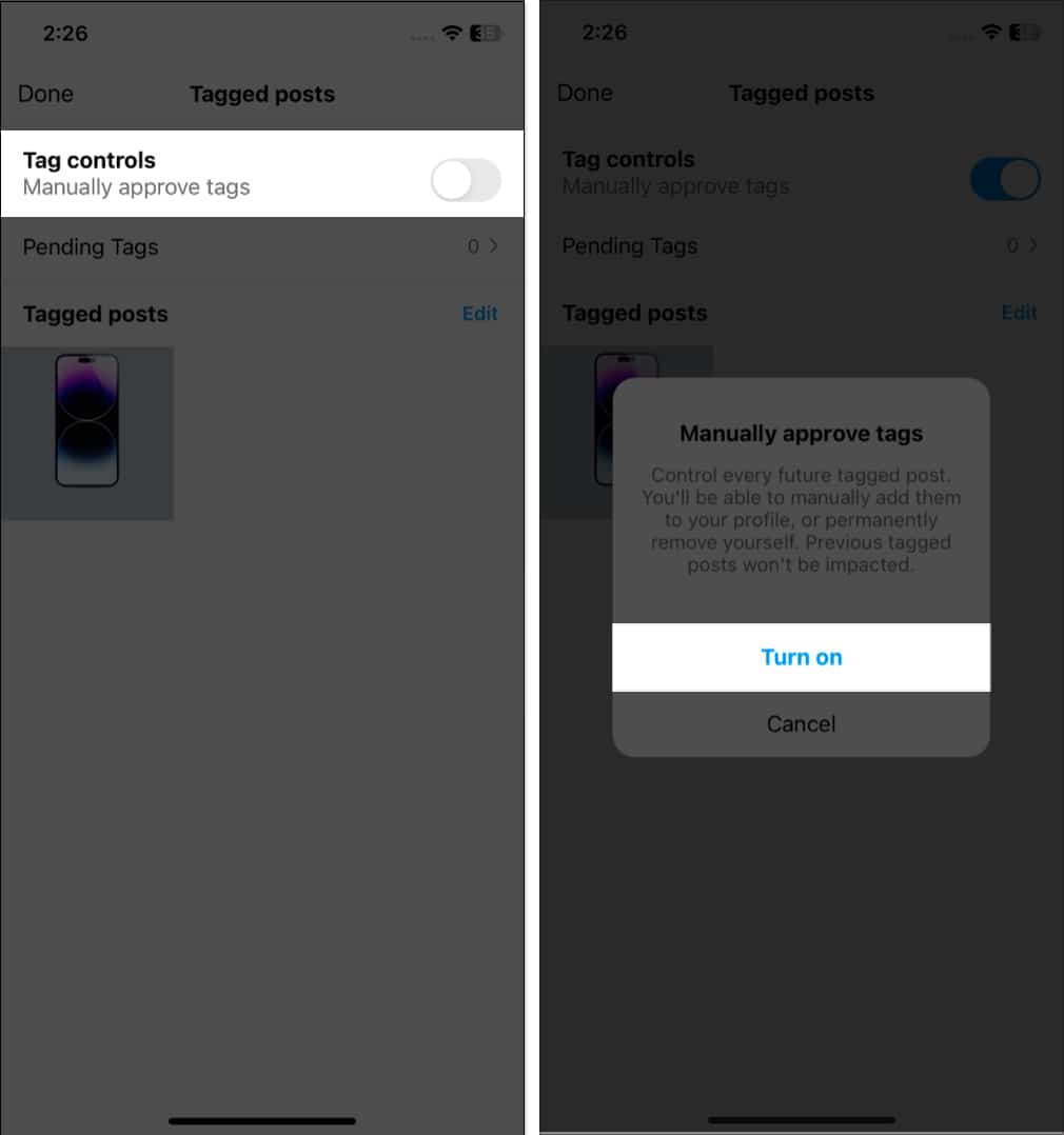 Toggle on tag controls turn on in instagram