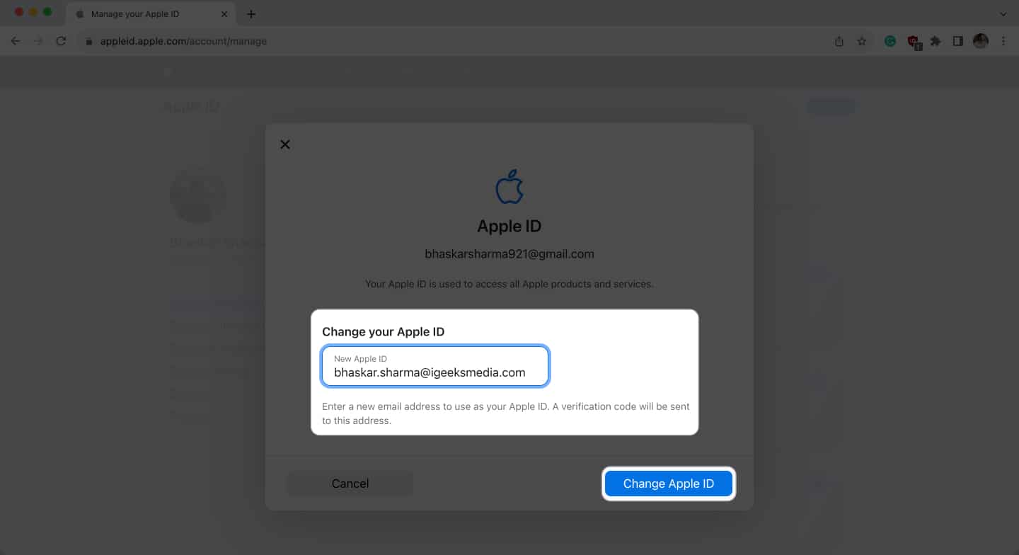 Type your new Apple ID and choose Change Apple ID