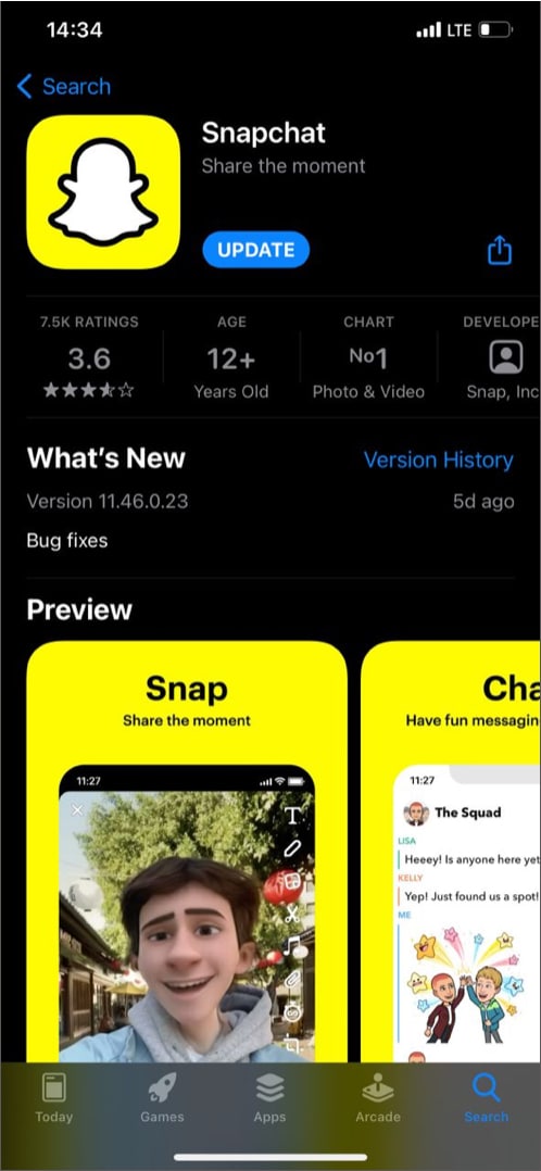 Update Snapchat app on iPhone