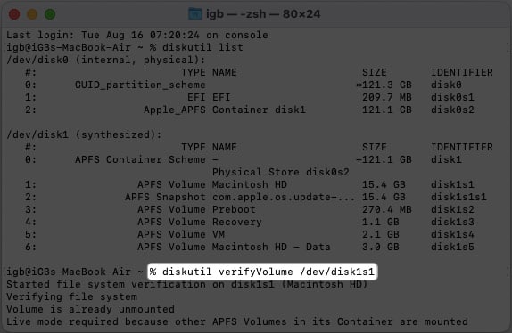 Verify disk volume in terminal