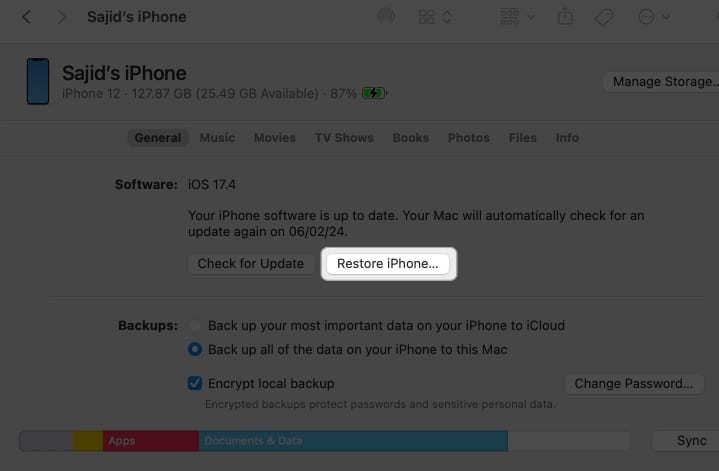 click restore iphone in finder