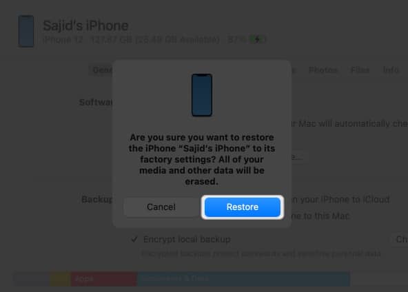 click restore to factory reset iphone using mac