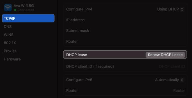 click tcp/ip, select renew dhcp lease in wi-fi settings