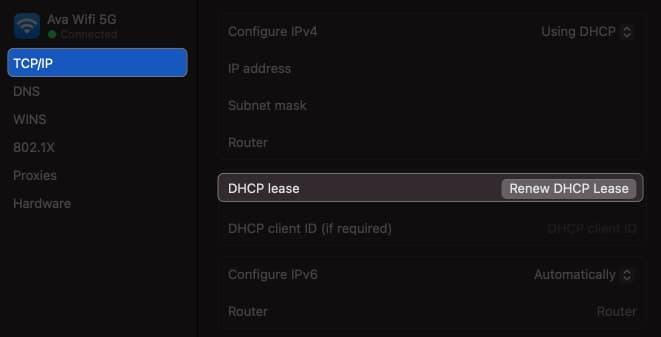 click tcpip select renew dhcp lease in wi fi settings