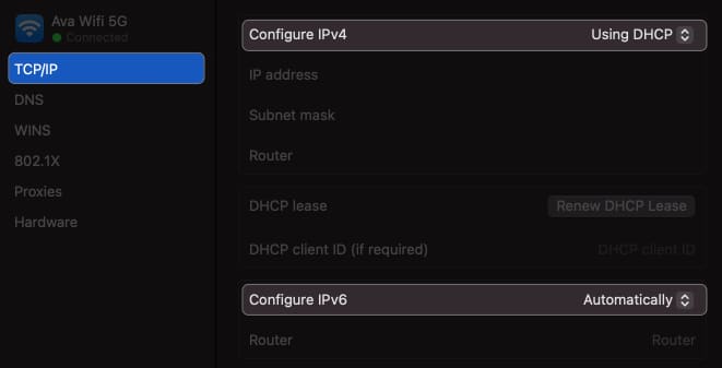 click tcp/ip, select using dhcp in configure ipv4, select automatic in configure ipv6 in wi-fi settings