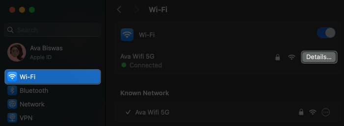 click wi-fi, select details in system settings