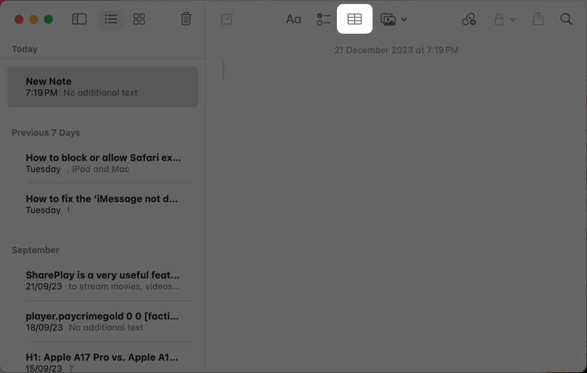 Creating tables in notes app on mac