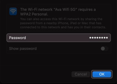enter password and click ok in wi-fi settings