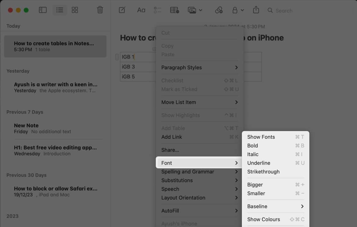 Format text in tables