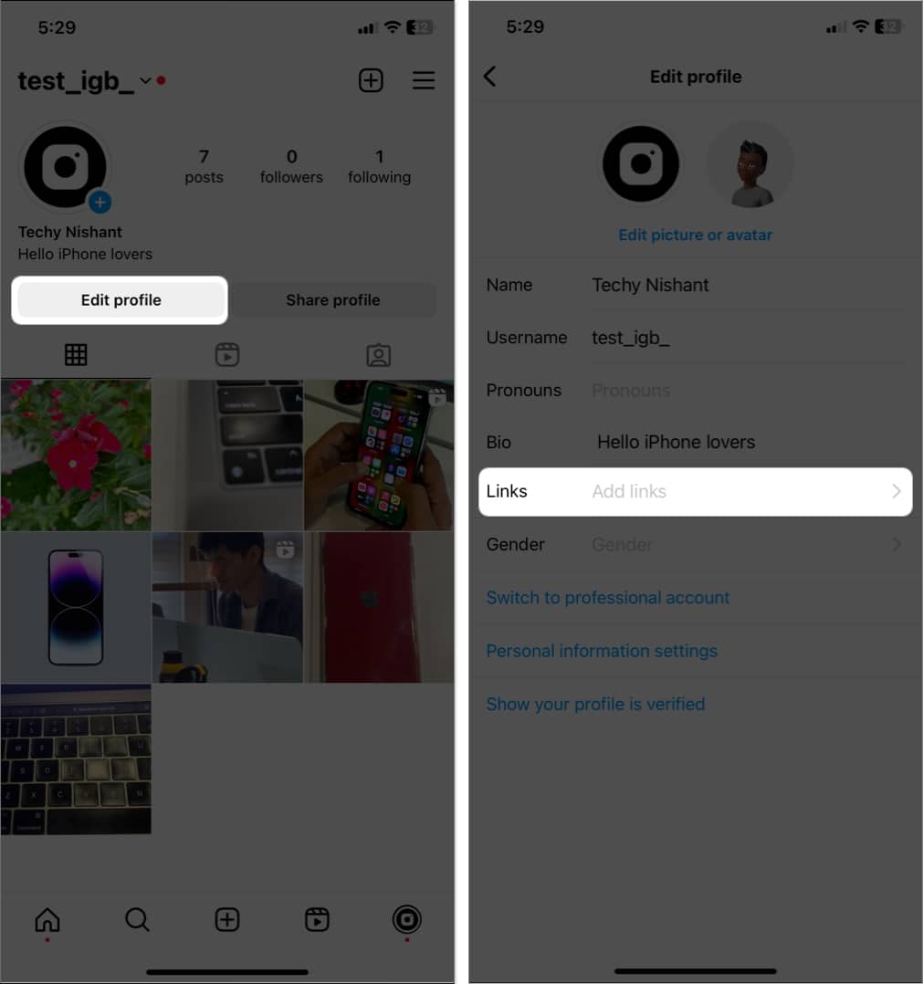 go to your profile tap edit profile links in instagram