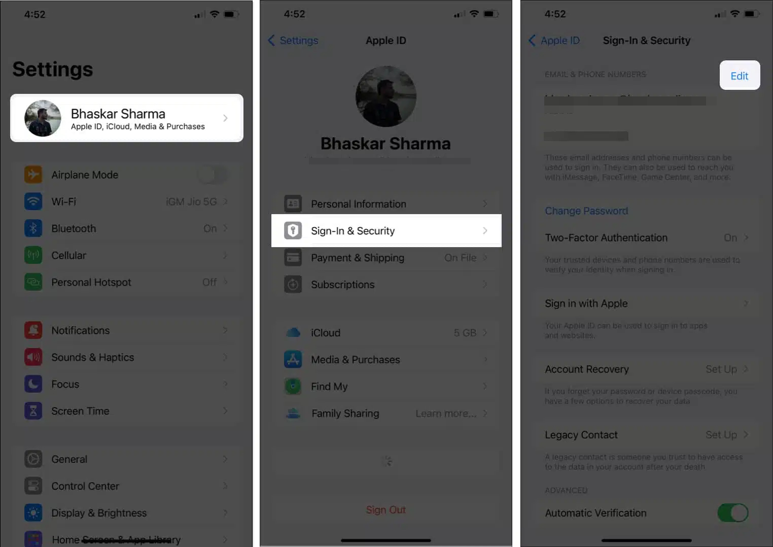 Head to your contact card choose sign in and secure
