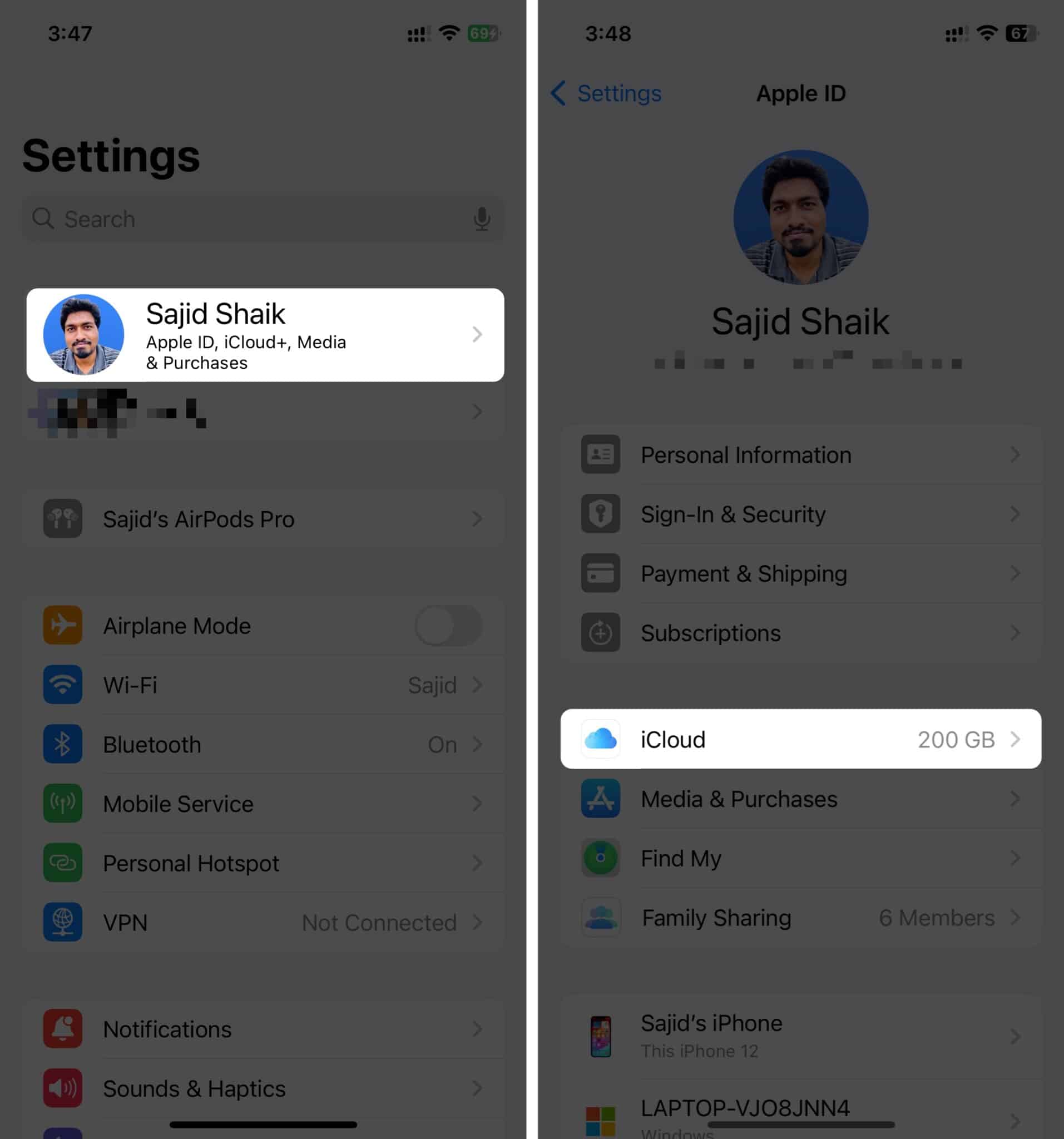 iCloud settings from the Settings app