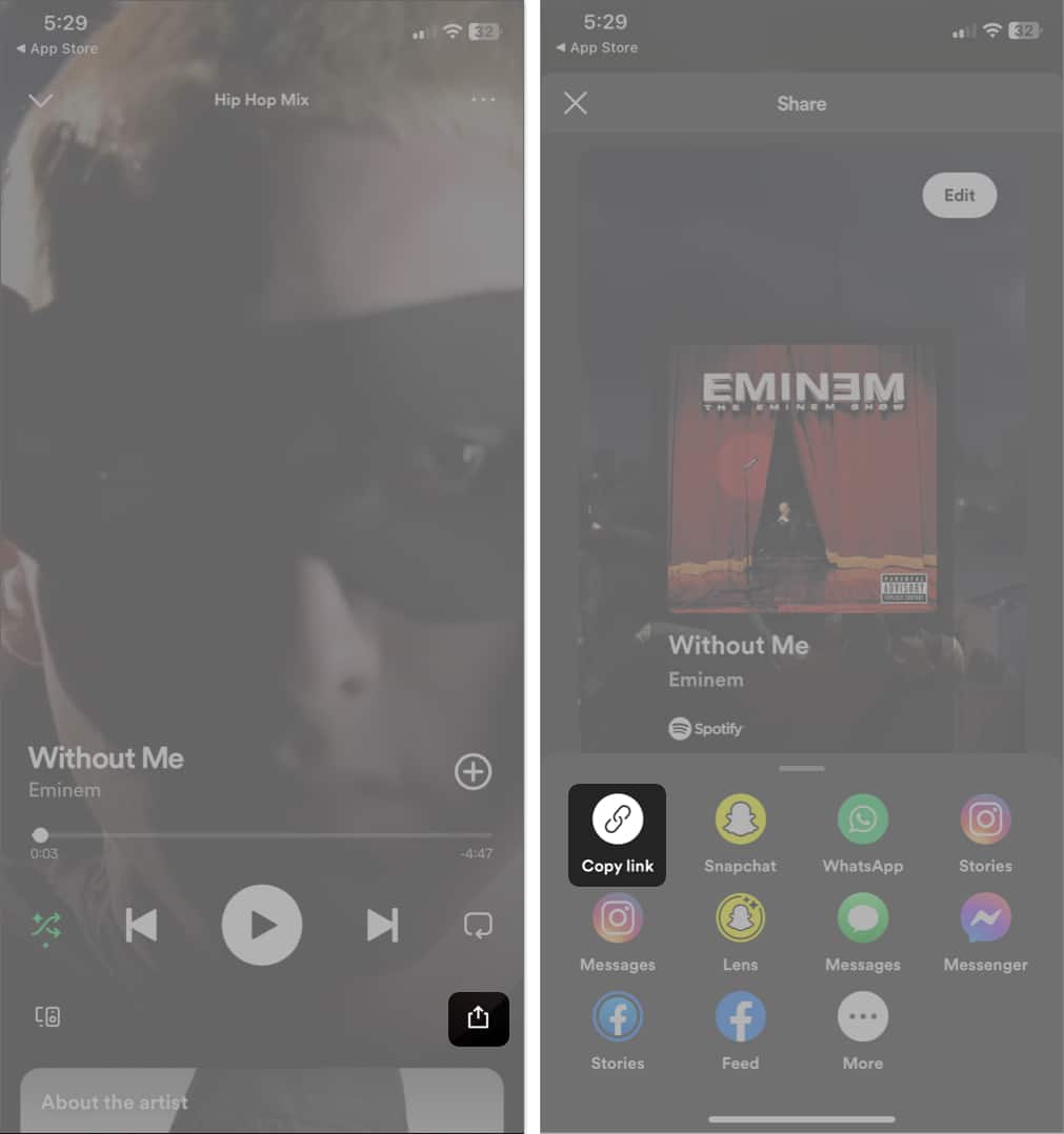 open song, tap share button, copy link in spotify